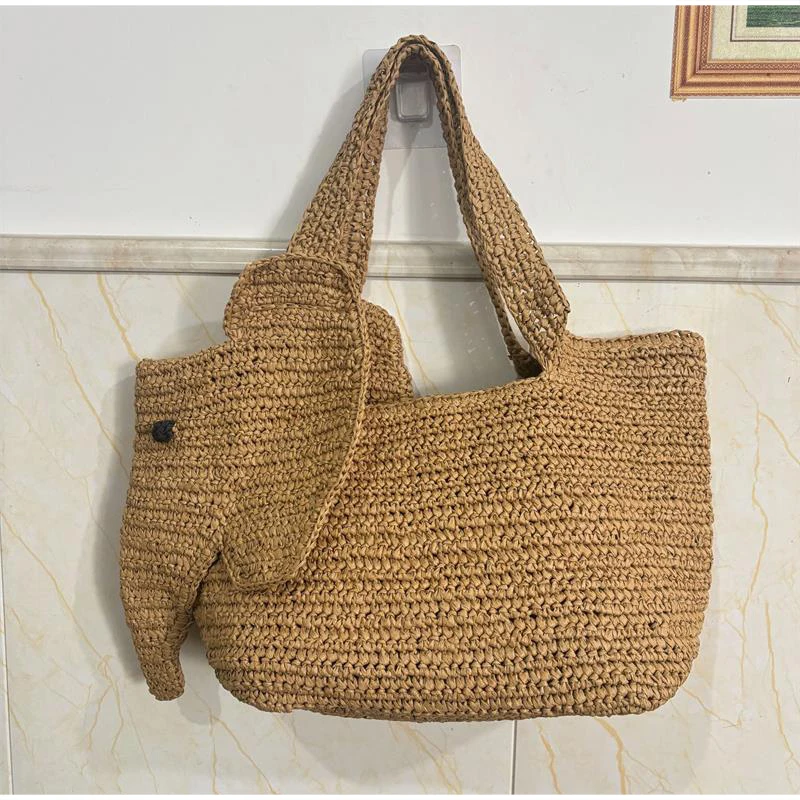 Elefantenförmige Raffia Handgewebte Strohtasche, Damen Schultertasche, Sommer Strand Urlaub Seaside Casual Tragetasche, Leichtgewichtig – Detail 20