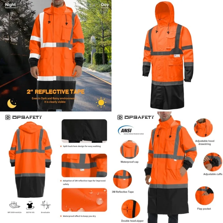 

Hi Vis Rain Jacket with 3M Reflective Stripe, High Visibility Class 3 Rain coats, Safety Waterproof Rain Suits for Men with Hoo