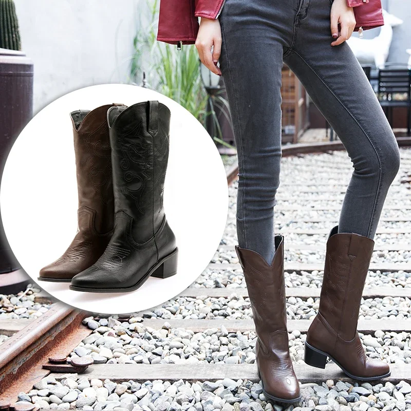 

Classic embroidery Pointed Toe Chelsea Boots Women Knee High Cowboy Boots Cossacks Western Cowgirl Boots Femal Shoes Botas Mujer