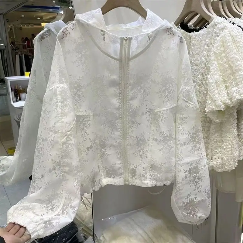 Chaqueta de protección solar con cremallera elegante de encaje para mujer, chaquetas de primavera y verano, abrigo holgado, prendas de vestir Retro