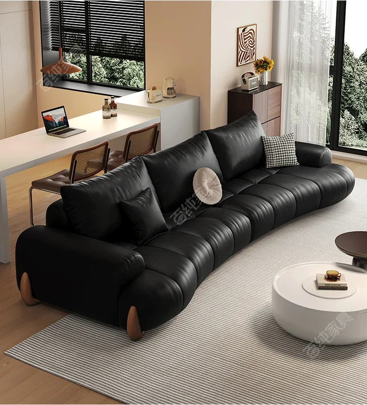 Retro leather sofa 2024 new living room puff Italian minimalist small unit top layer cowhide curved sofa