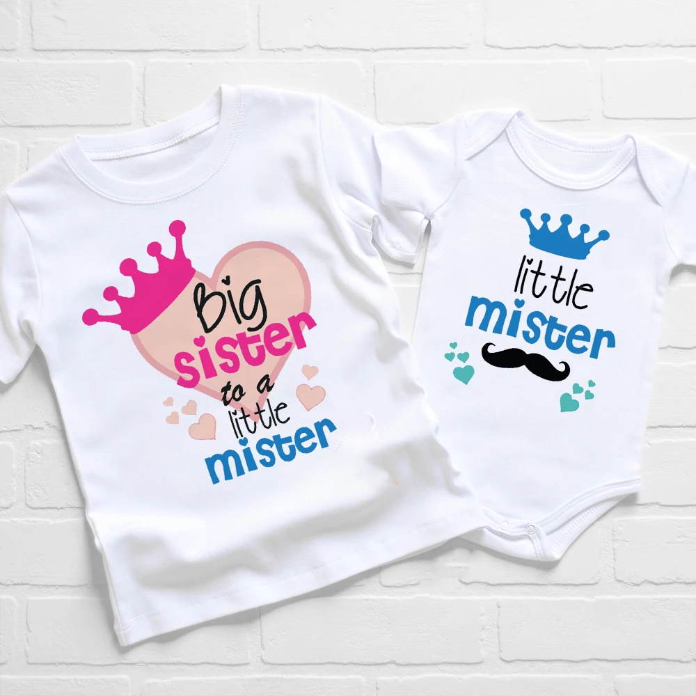 Big Sister To A Little Mister Print Family Matching Shirt Sister & Brother Sibling Outfit Kid Short Sleeve T-shirt Baby Bodysuit