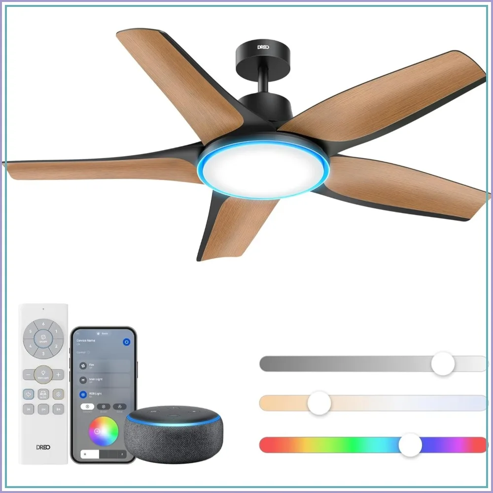 Smart Ceiling Fan with Lights, 52" Dimmable RGB Ambient Light, Alexa/App Control, Quiet, Easy Install for Living Room, Game Room