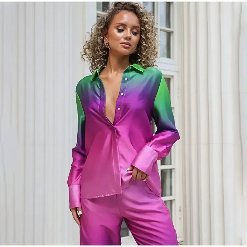 Women Long Sleeve Turn-down Collar Shirt High Waist Pocket Wide Leg Pants Suit 2023 Spring Autumn Gradient Color Two-Piece Suit