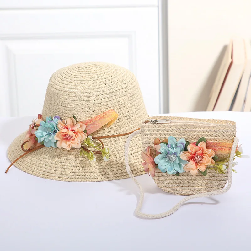 Girls Straw Hat Set Tourism Sun Hat Flower Children Sun Hat and Bag Set Baby Outdoor Wide Brim Bucket Hats Set