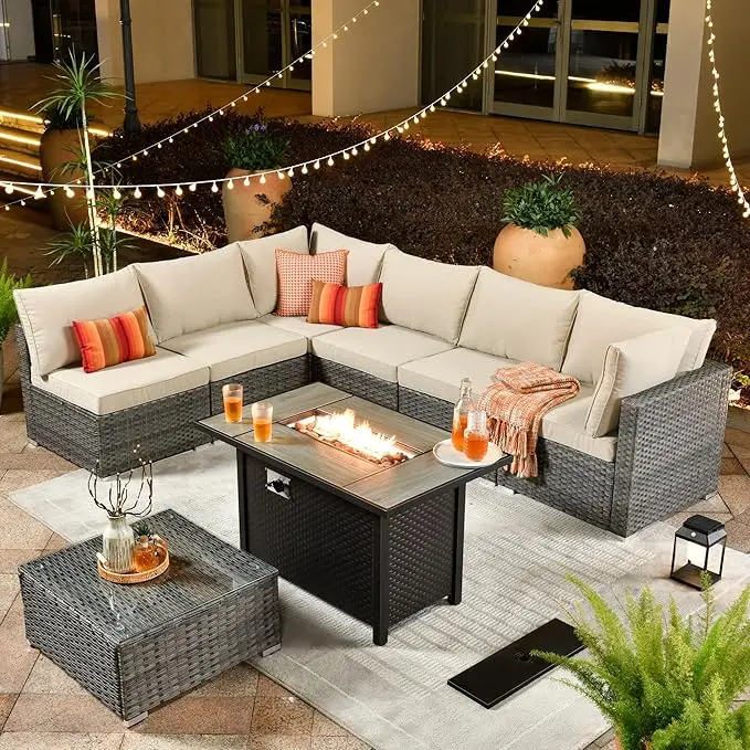 

Outdoor 8 Piece Patio Furniture Set with Fire Pit Table, with Coffee Table,Modern Outside Sofa for Balcony Backyard