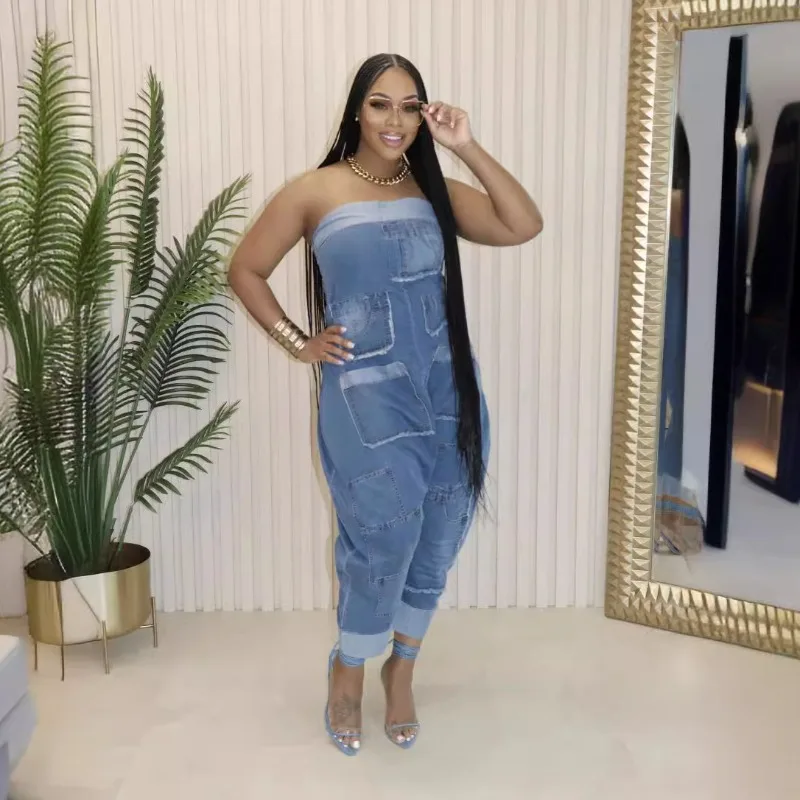 

Multi Pockets Cargo Denim Jumpsuits Women Sexy Strapless Backless Loose Jagged Edge Harem Jeans Overalls Casual Street Rompers