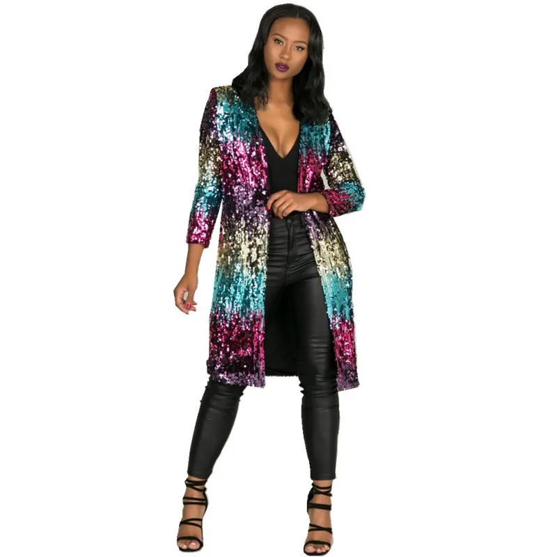 

Women Sequin Jacket Mid Lenth Coat Baseball Round Collar Long Sleeve Open Stitch Loose Oversize Office Lady Casual 2025 Autumn
