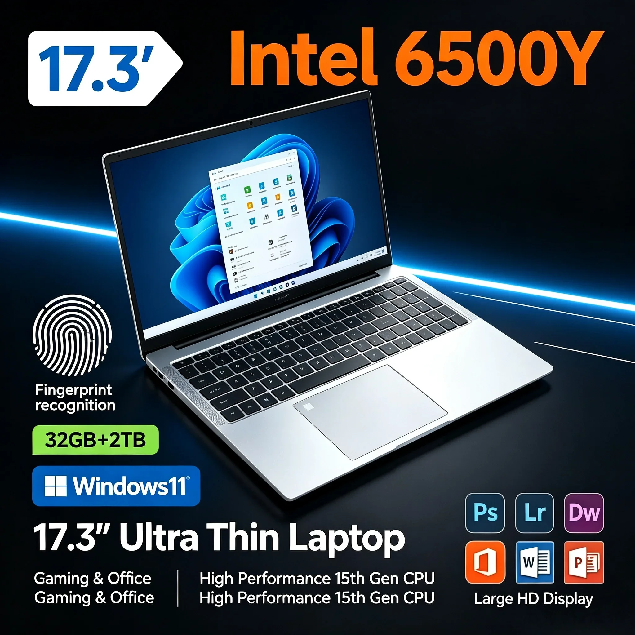New 17.3" Inch Portable HD Notebook Intel 6500Y 32GB RAM 2TB SSD Windows11 WiFi6 BT5.2 Laptop For Daily Study Working Office Use