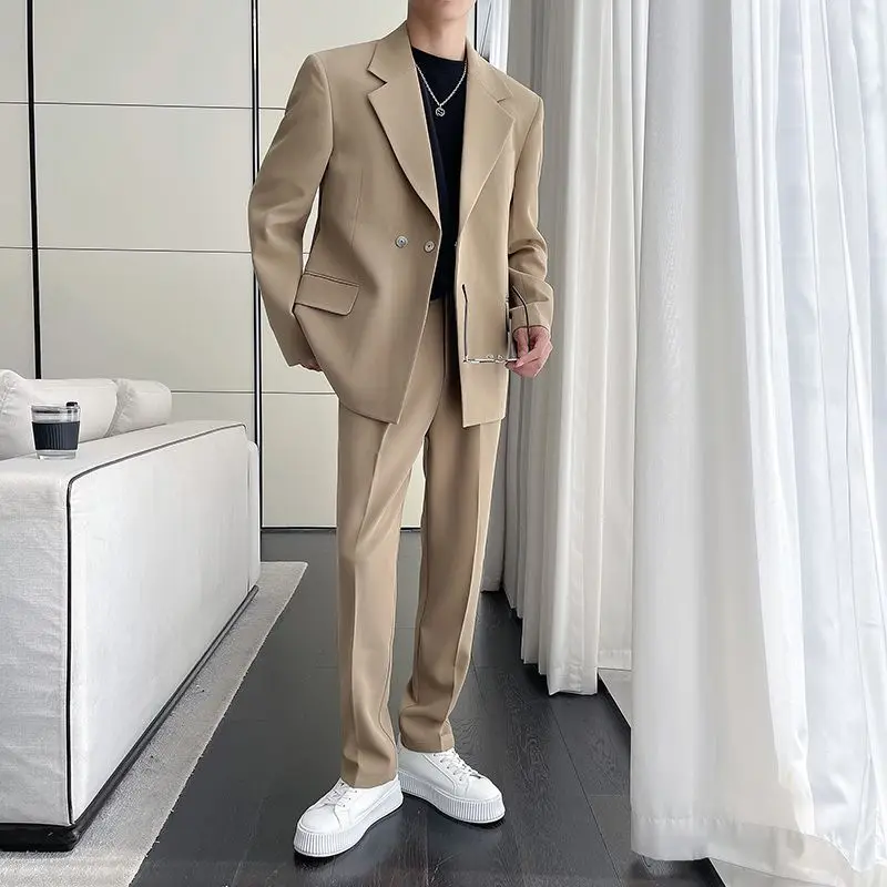 3-A125  Summer thin wide version khaki loose suit men's drape free ig double-breasted outton suit two-piece suit