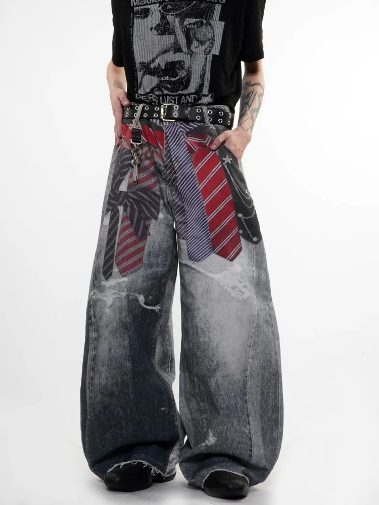 2026 American Retro Y2K Style 3D Printed Tie Design Washed Blue Baggy Jeans Pants For Men Clothing Wide Leg Loose Denim Trousers - view 6