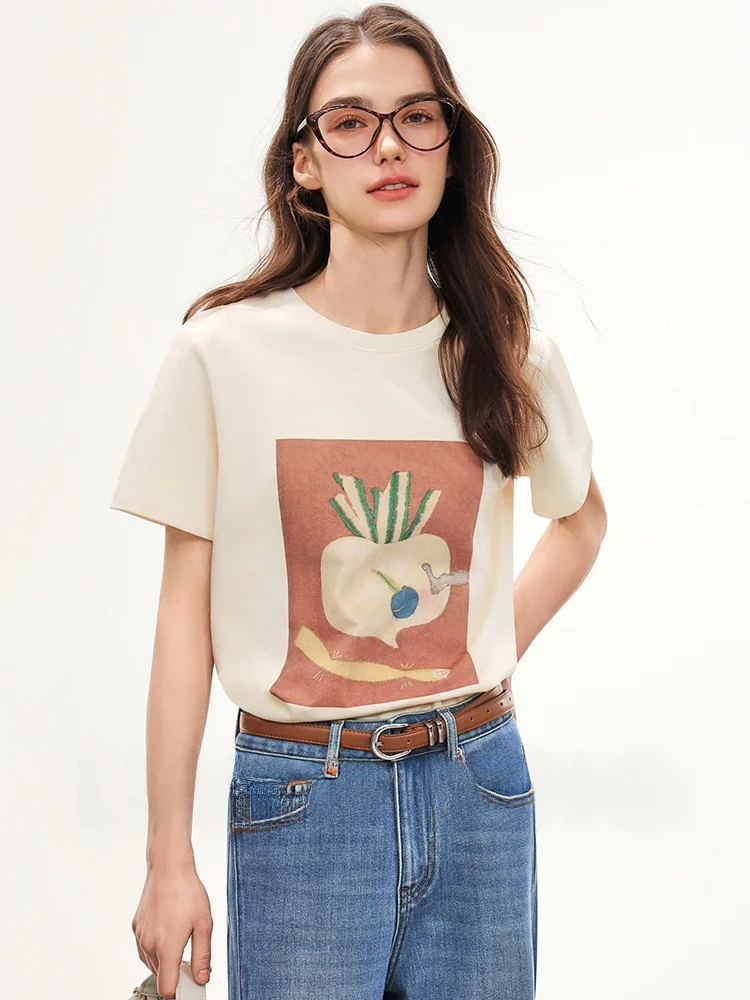

Pure Cotton Short Sleeve T-Shirt Artistic Print Casual Style Spring Summer Basic Top Comfortable Knitted round Neck Tee