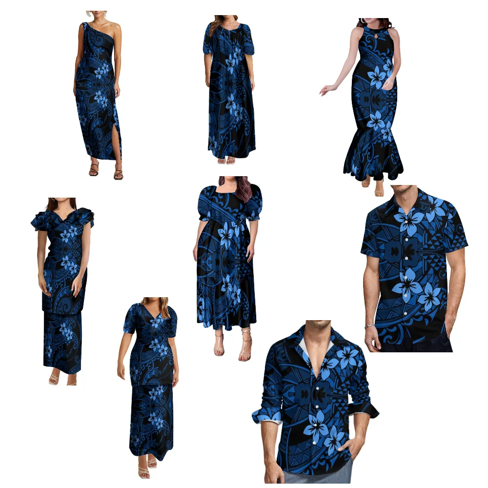 Verão de manga curta polinésia casal festa moda conjunto feminino vestido retro masculino casual gola alta camisa