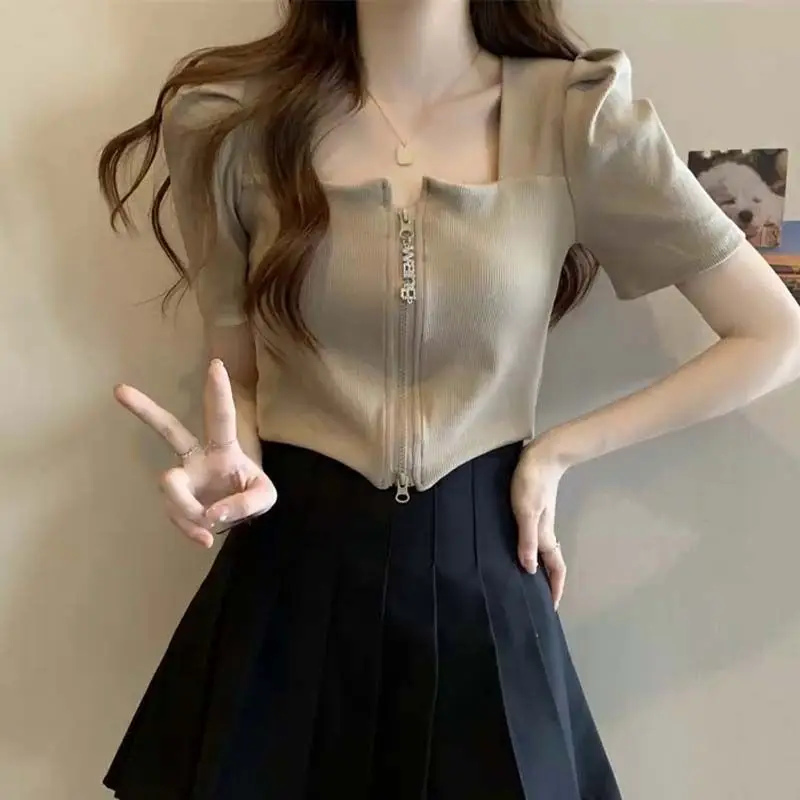 

Summer New Plus Square Neck Short Sleeved T-Shirt For Sexy Socialites, French Slimming Zipper Top