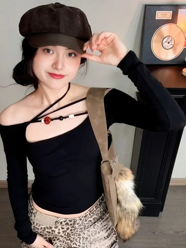 

Y2K Hollow Out Bead Tops for Women, Sexy Slash Neck Vintage Grunge Fairy Tee, Bodycon Solid Tshirts