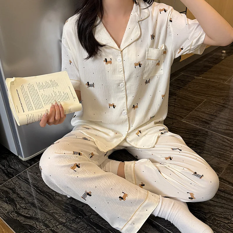 Women Cloud Cotton Pajama Set Short Sleeve Shorts Homewear 3 Piece Sleepwear