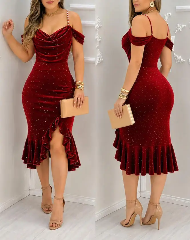 Women's Fashion Rhinestone Velvet Asymmetrical Dress 2026 Spring New Pearl Strap Cold Shoulder Ruffle Mermaid Evening Gown