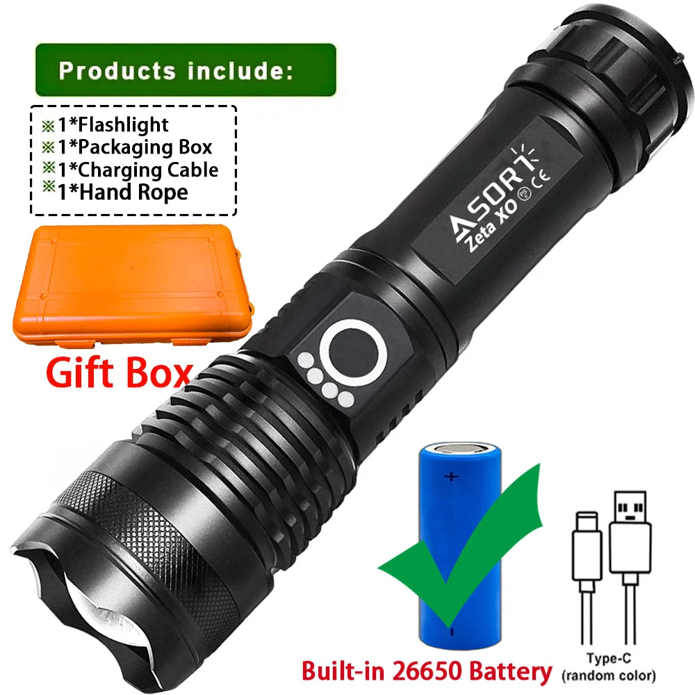 

Most Powerful Flashlights High Power XHP70 LED Super Bright Torch USB Rechargeable Zoomable Lantern for Camping Hunting 26650
