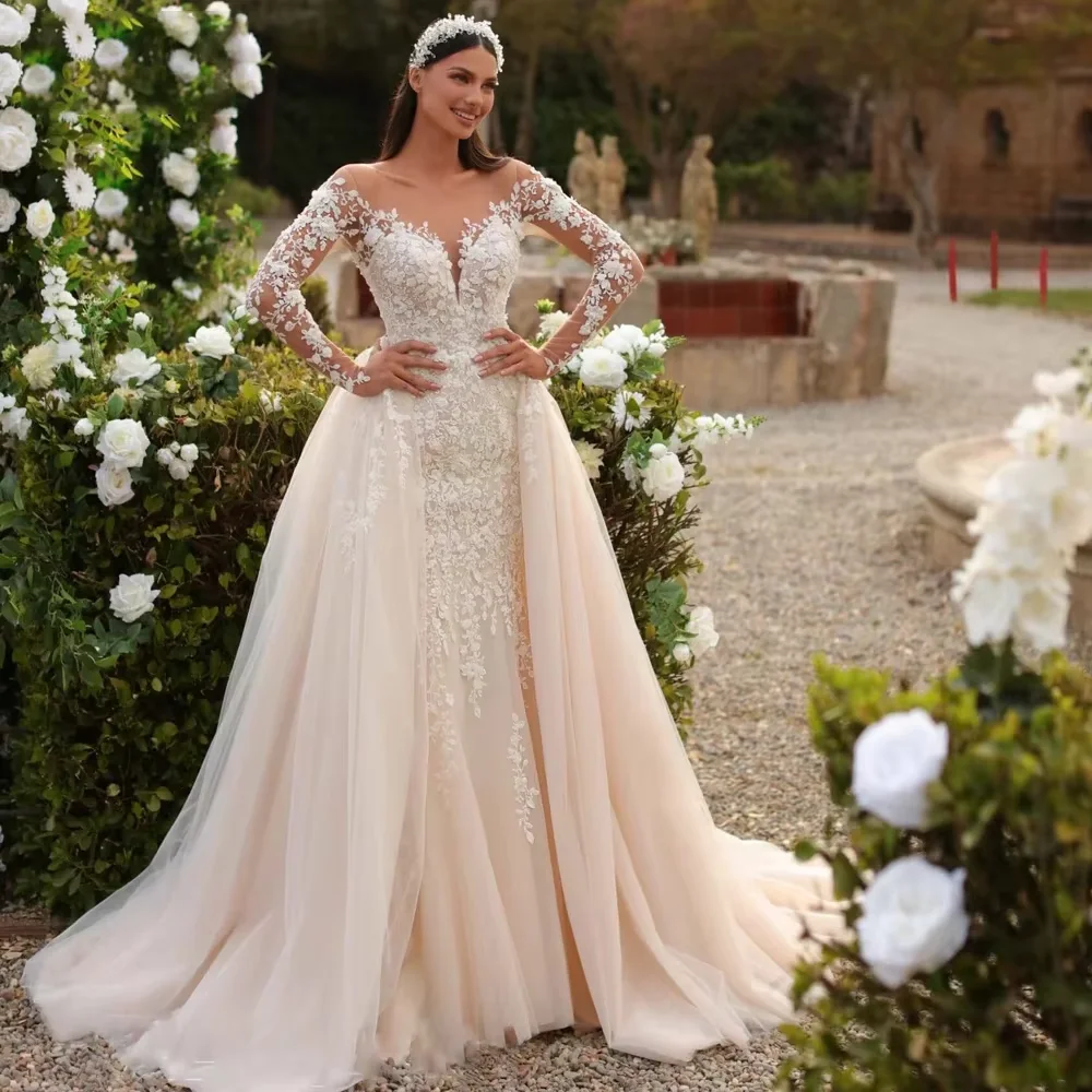 تخصيص حورية البحر فستان الزفاف س الرقبة طويلة الأكمام ثوب الزفاف الدانتيل انفصال زائدة Vestidos De Novia #2