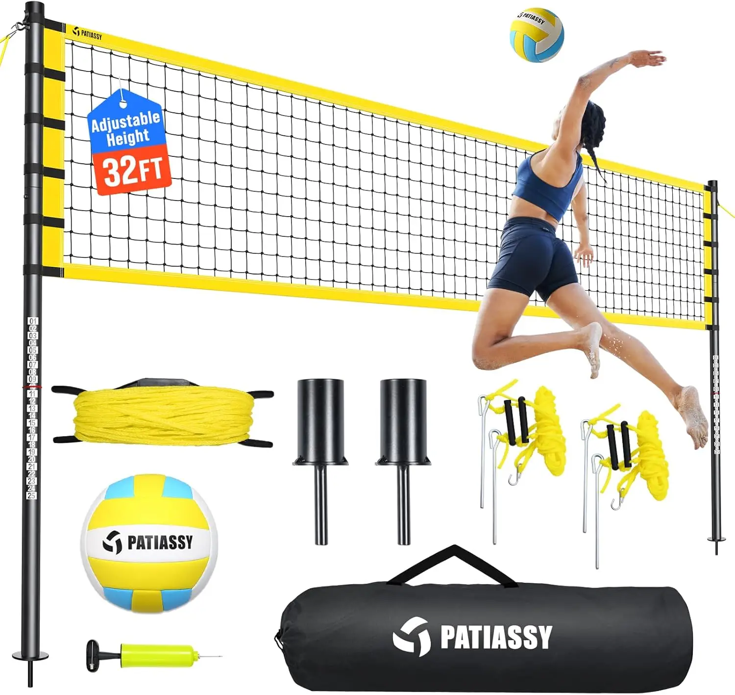 

32FT Outdoor Volleyball Net Set for Backyard Beach Portable with Ball Pump Bag