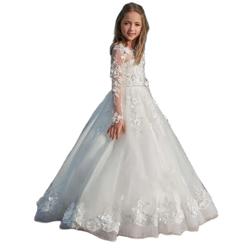 New Arrivals Flower Girls  Long Sleeves Ball Gowns with Pearls Sash Holy First Communion Princess Dresses