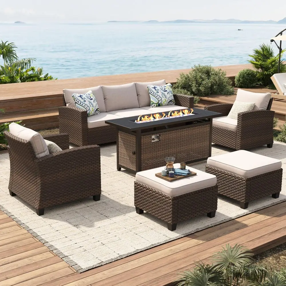 

Patio Furniture Set Outdoor Furniture Brown Wicker Rattan Patio Conversation Sets with Cushion Outside Sofa Set,6 Pieces with R