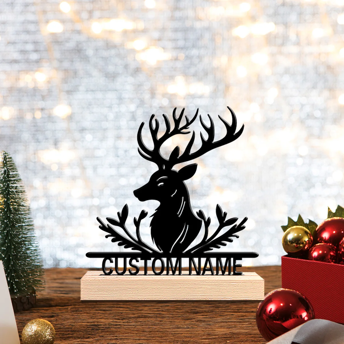 1pc Stylish Personalized Custom Elk Metal Statues With Wooden Base Tabletop Decoration Deer Themed Tabletop Decoration, Home Dec