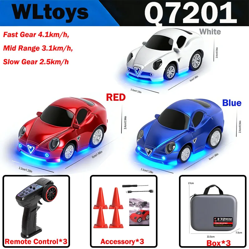 

WLtoys Q7201 1:72 Scale Mini RC Car - 2.4G Remote (35m), 3-Speed Control, LED Lights, Gyro Stabilization, 26min Run Time For Kid