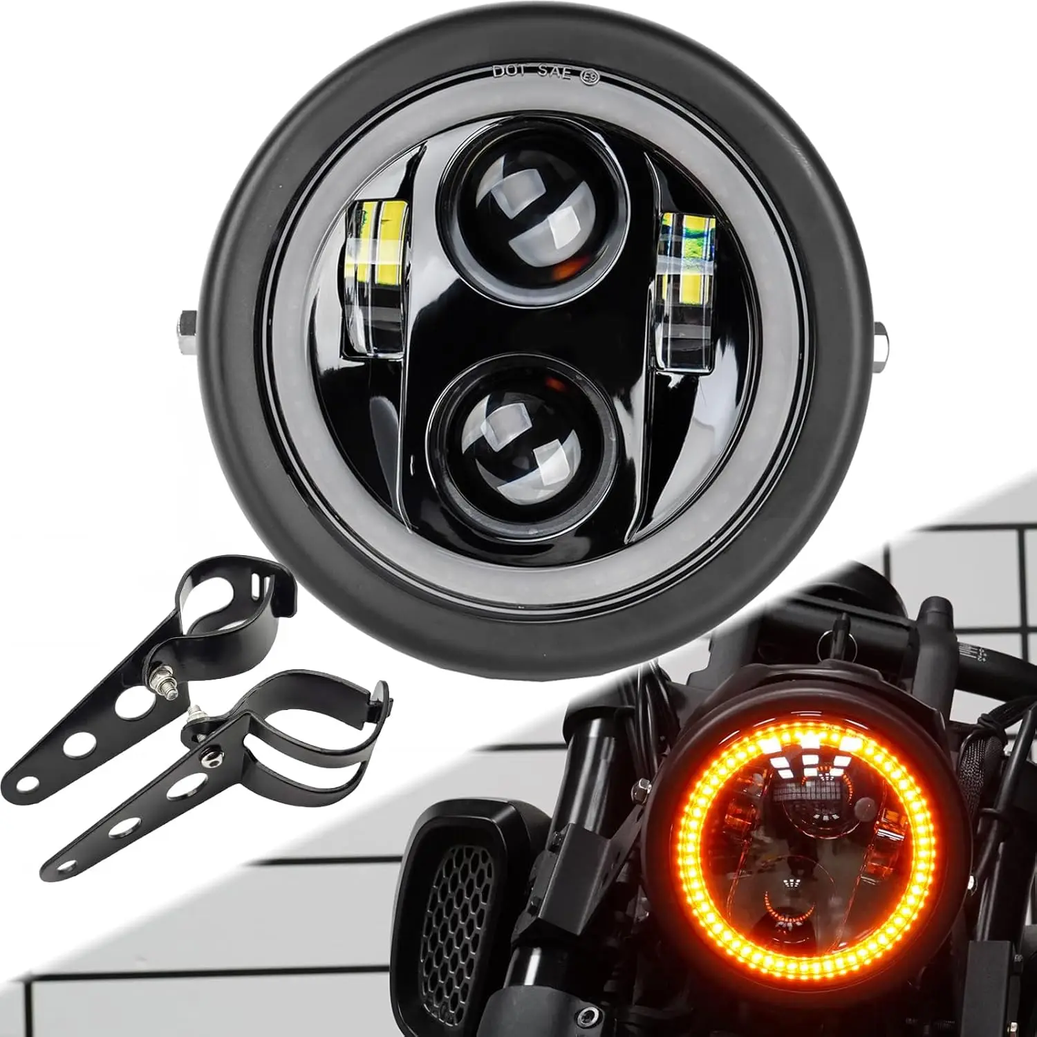 

5,75-дюймовая 5-3/4, черная мотоциклетная фара, дымчатый янтарный Halo DRL с матовым черным корпусом, ведро 32-40 мм, вилка, трубка, боковое крепление, бюстгальтер