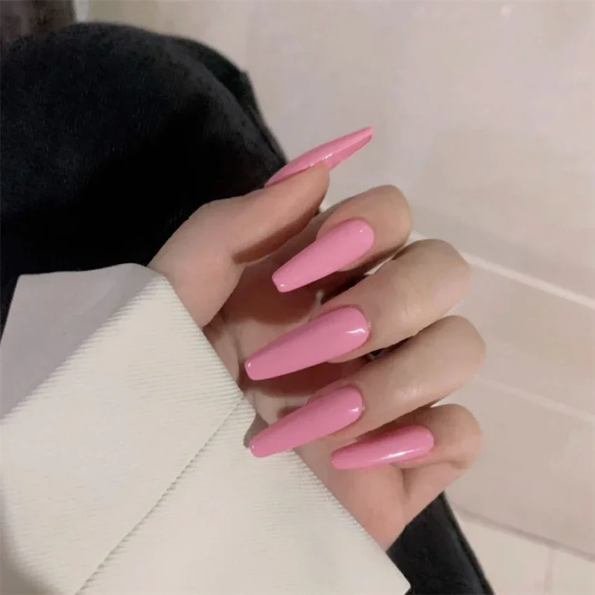 

24Pcs/Set Long Pink Wearing False Nails Art Removable Acrylic Fake Nails Full Coverage Stick Solid Colour Design Press on Nail