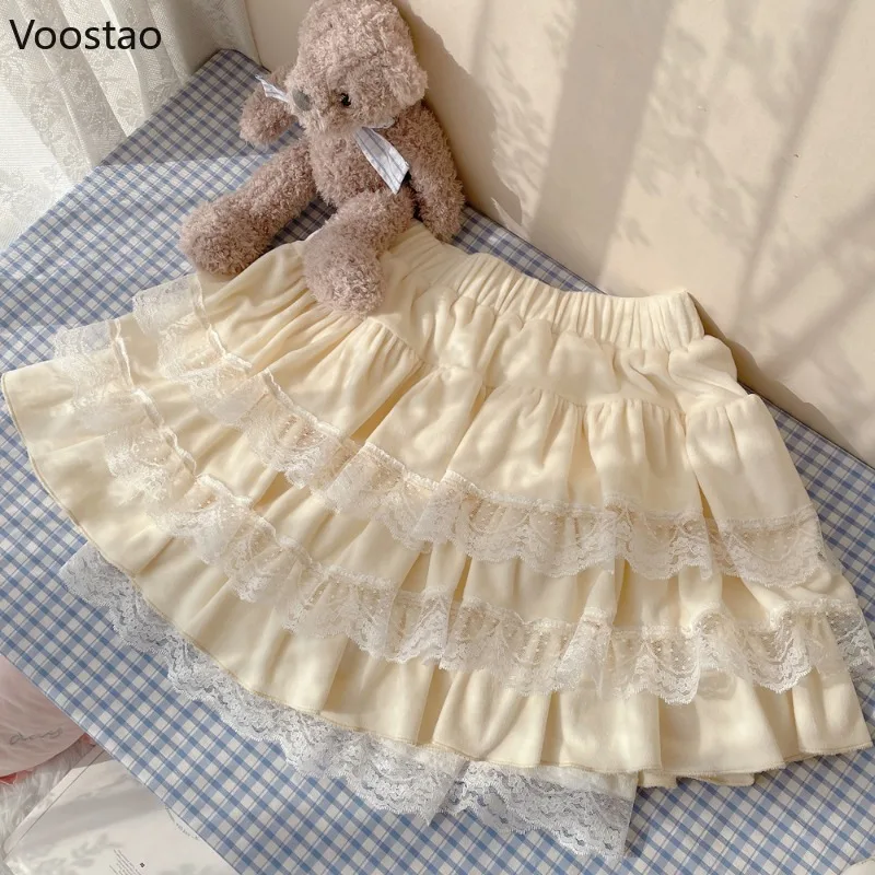 

Autumn Winter Lolita Style Cake Skirts Women Kawaii Lace Ruffles Y2k Aesthetic Party Mini Skirt Japanese Sweet Faldas Mujer Moda