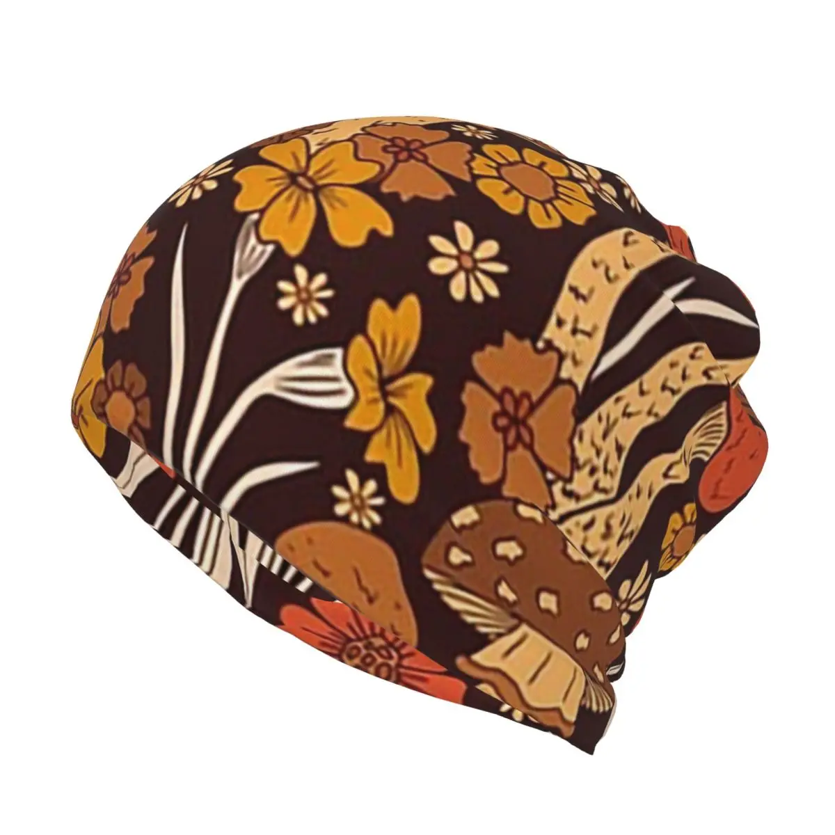 Retro 1970s Brown And Orange Mushrooms And Flowers Bandana Neck Gaiter Mask Scarf Warm Balaclava Beanies Hat Unisex Breathable