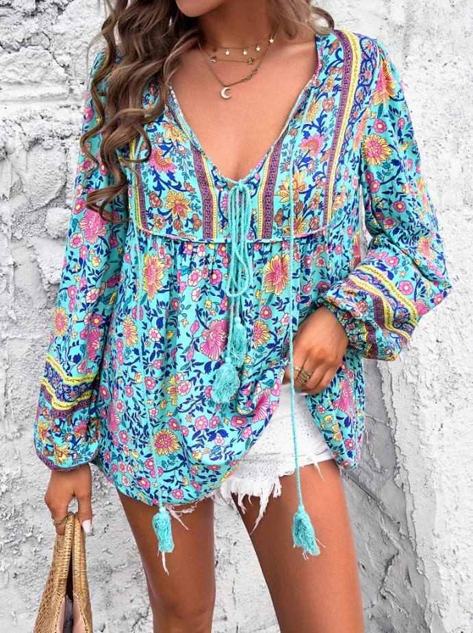 

Leisure Vacation Printed Pattern Lantern Long Sleeved Loose Thin Style Fashionable Temperament Shirt with Lace Up Design Top