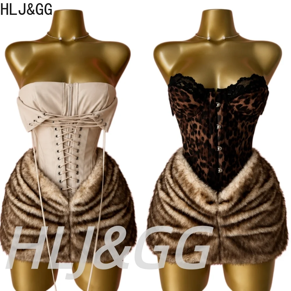 HLJ&GG Sexy Leopard Mesh See Though Corset Two Piece Sets Women Off Shoulder Sleeveless Top And Fur Mini Skirts Outfits Street
