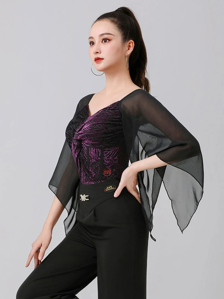 2024 New Latin Dance Tops For Women Chiffon Floating Sleeved Modern Dance Practice Clothes Samba Chacha Adult Latin Wear DN18832