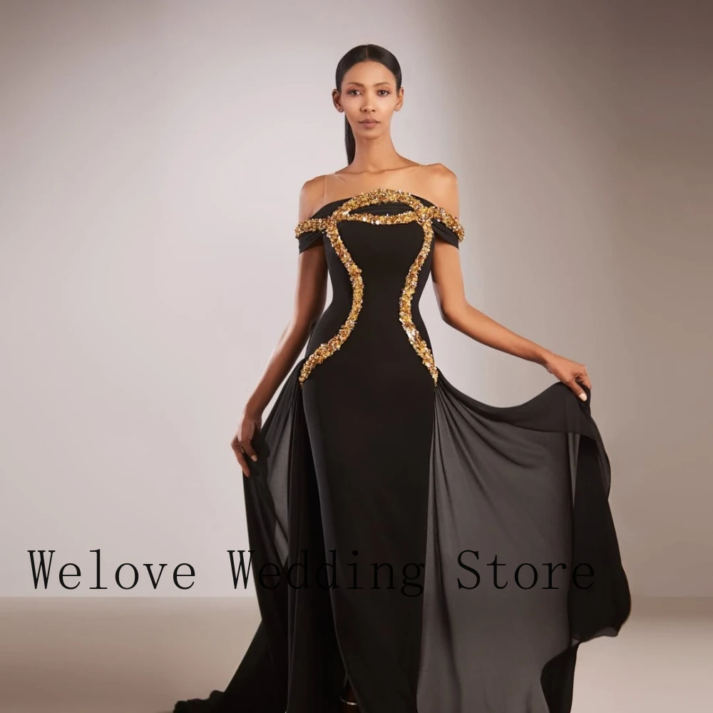 2026 Black Off-the-Shoulder Mermaid Gown Gold Beaded Chiffon Overlay Trailing Formal Maxi Dress for Prom, Gala & Wedding Events