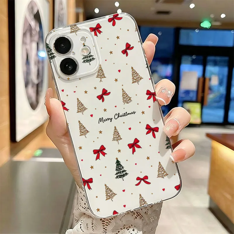 Funda transparente para iPhone 11, 12, 13, 14, 15, 16, 17 Pro, 18 Pro Max, 16E, Air, X, XS, XR, 7, 8 Plus, SE2, con diseño de lazo rojo navideño y protección contra golpes.