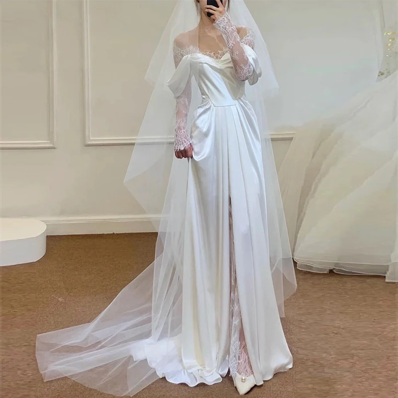 Satin Wedding Dresses With Small Train Vintage Lace Bride Dress A-line Full Sleeve Boho Wedding Gowns Vestido  Noiva Customized