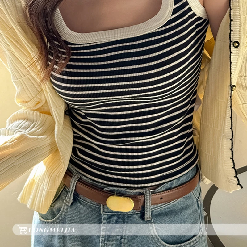 2026 Stripe Printed Square Collar Camisole Women Harajuku Contrast Color Sleeveless Tops Woman Korean Retro Knitted Tank Top