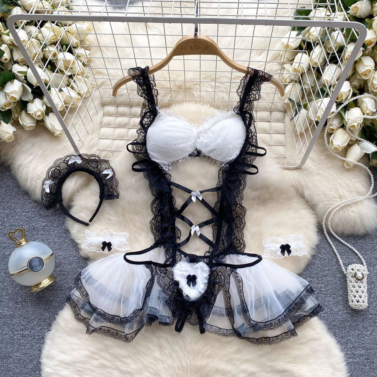 New Sexy Howllow Out Lace Jumpsuit Maid Outfit Maid Dress Cosplay HotSweet Classic Apron Maid Costume with Headwear Bodysuit