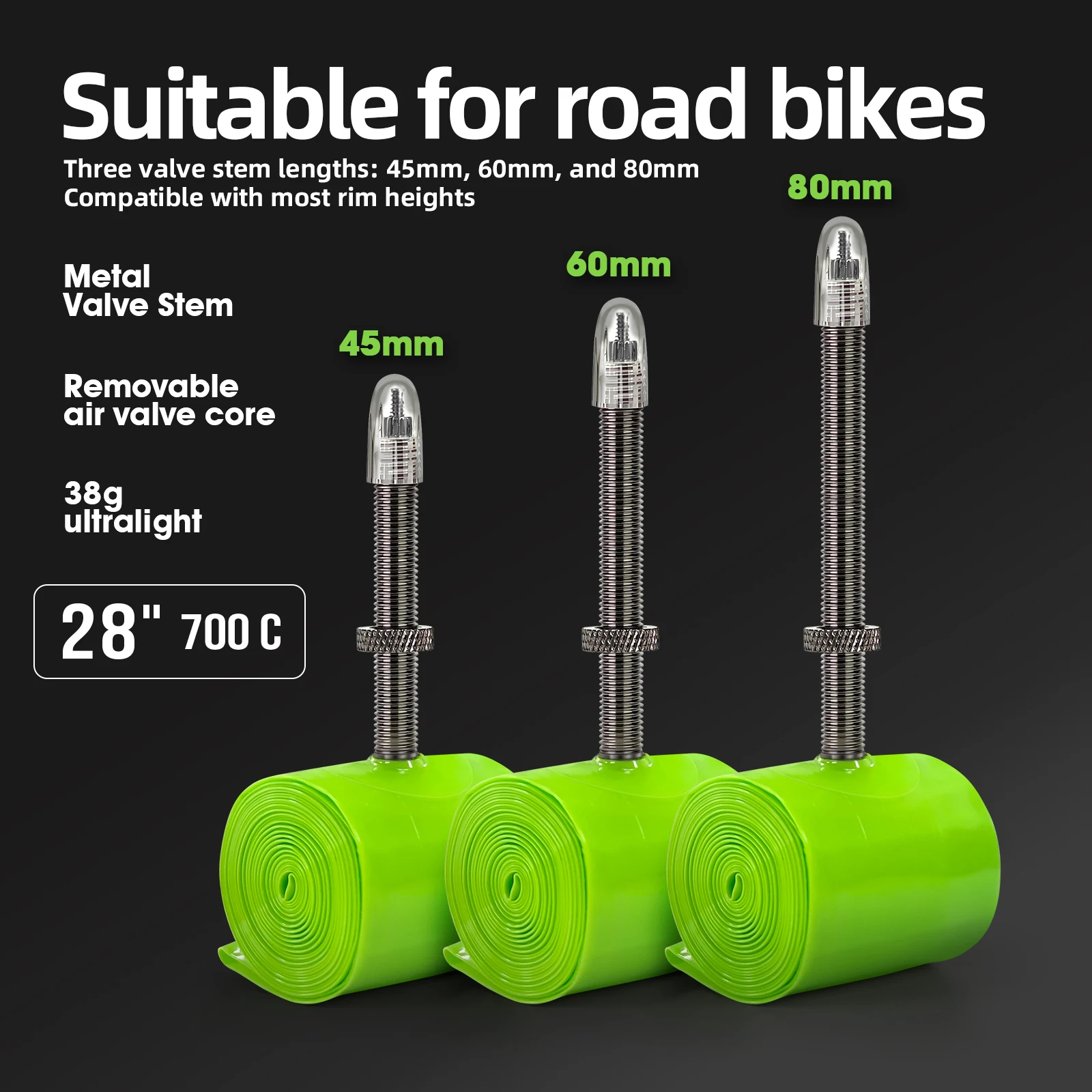 2026 Neue CYCLAMI Fahrradschlauch Grün Ultraleichter TPU mit Abnehmbarem Metallventil für Rennräder 700C 700 X 18 32C – Detail 1