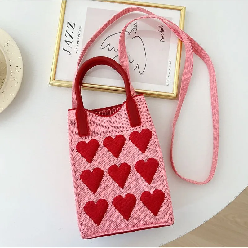 Fashion Love Knitted Handbag Women Girls Clutch Mini Mobile Phone Crossbody Bags Versatile Woven Shoulder Bag