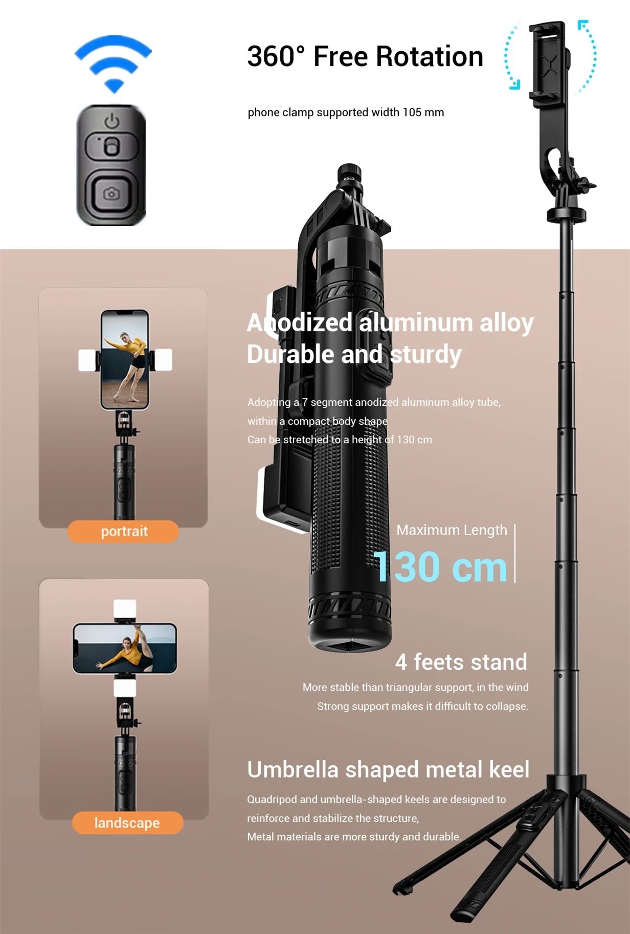 Selfie Stick Phone Holder Stand with Bluetooth Remote Extendable Tripod for Phone Mobile Action Camera Live Streaming Video Call