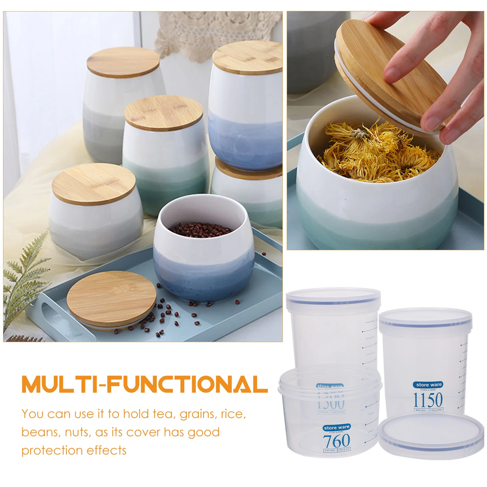 

3Pcs Food Storage Jars Grain Containers PP Rice Jars Blue Airtight Lids 760ml 1150ml 1500ml Kitchen Sealed