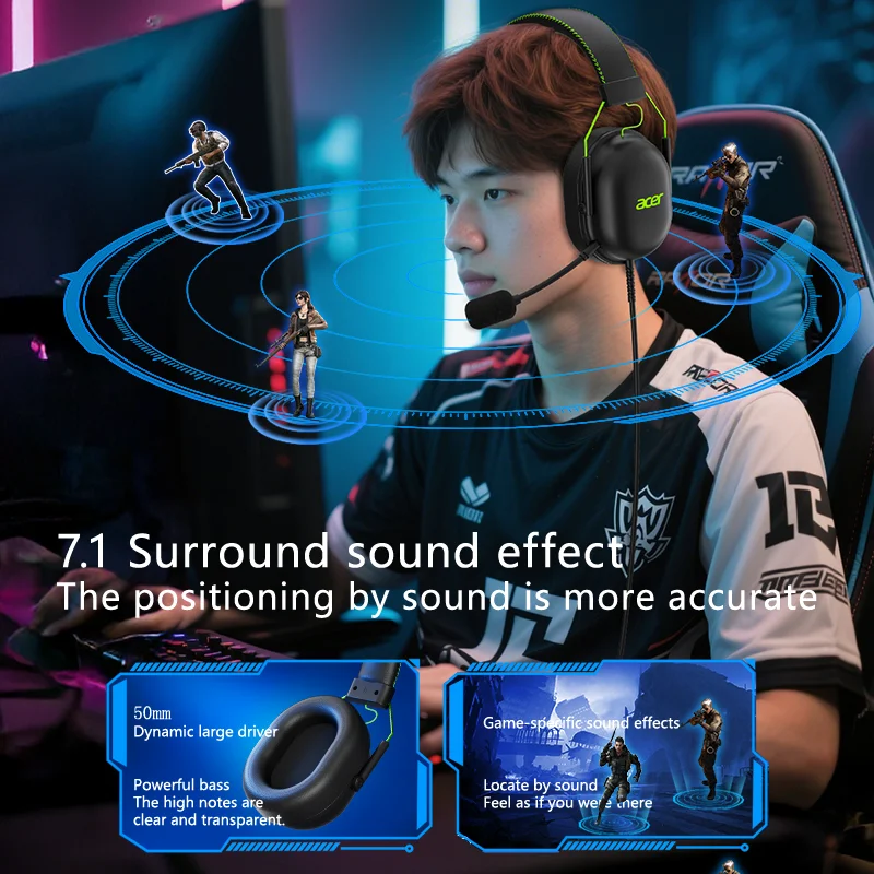 2025 Acer Headphones OHW200 7.1 سماعة ألعاب USB سلكية بصوت محيطي مع ميكروفون لإلغاء الضوضاء - ألعاب للكمبيوتر الشخصي والكمبيوتر المحمول #3