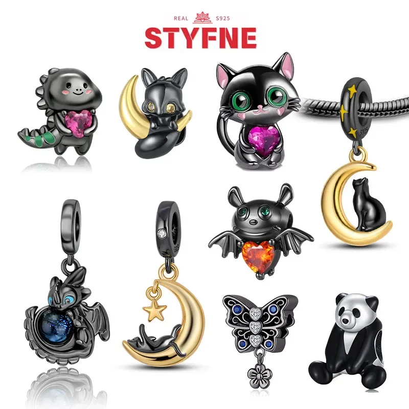 

Real S925 Sterling Silver Black Cat Series Charm Beads for Original Bracelet for Women Fine Jewelery Making Gifts