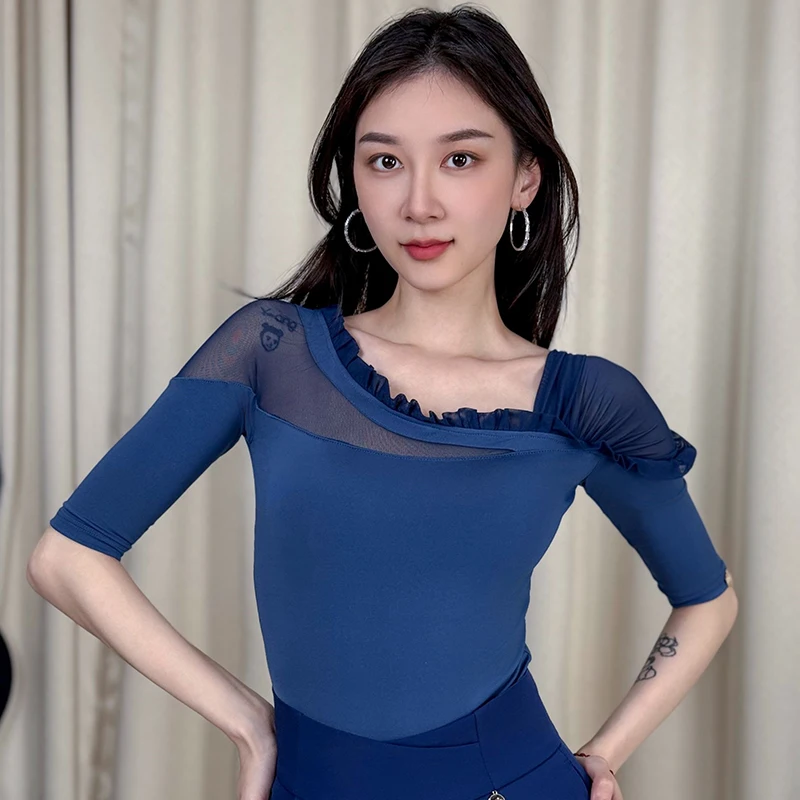 

Ladies Dance Tops for Women Ballroom Latin Yoga Bodysuit Adult Female Sexy Mesh 1/2 Sleeve Blouse Dance Leotard Clothes XH2476