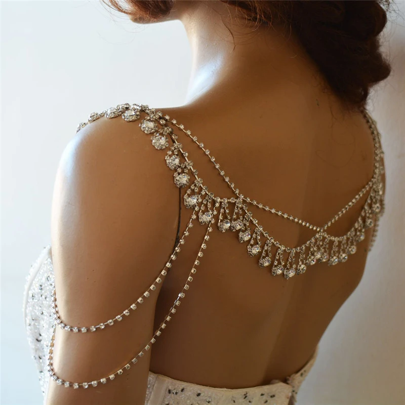 New Handmade Sewing Multilayer Trimming Bridal Crystal Clear Rhinestone Shoulder Chain for Wedding Dress Back Dance Clothes