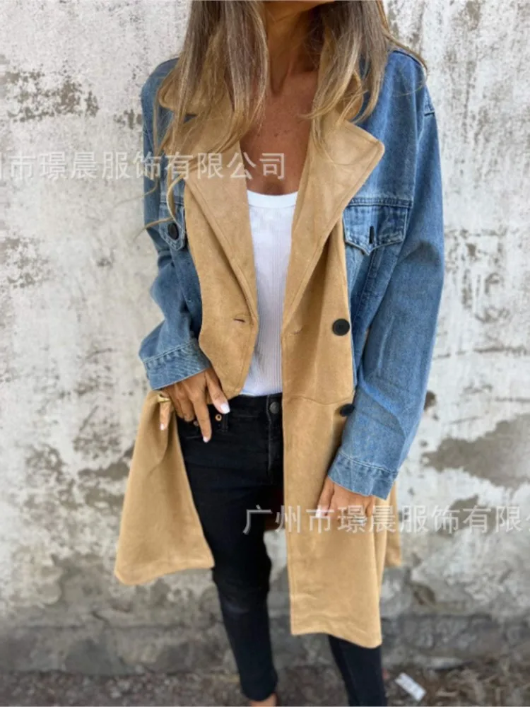 

New Fashion Spliced ​​denim Coat Elegant Lady Lapel Double-breasted Contrasting Color Jacket Autumn Midi Length Lady Overcoat