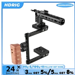 HDRIG DSLR Camera Cage With Top Handle Wood Grip (Right Hand) With Single Rod Clamp & Hot Shoe Mount for Canon 600D 70D 80D